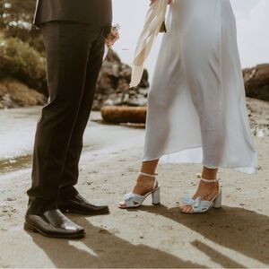 Blue satin block heel with bow